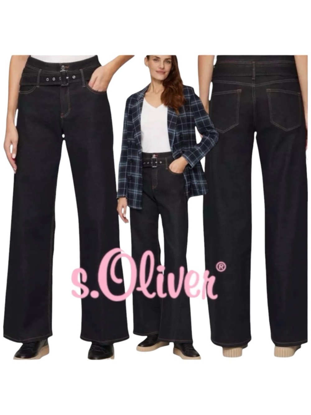 s. Oliver Dark Wash Suri High Rise Regular Fit Wide Leg Belted Jeans (8)